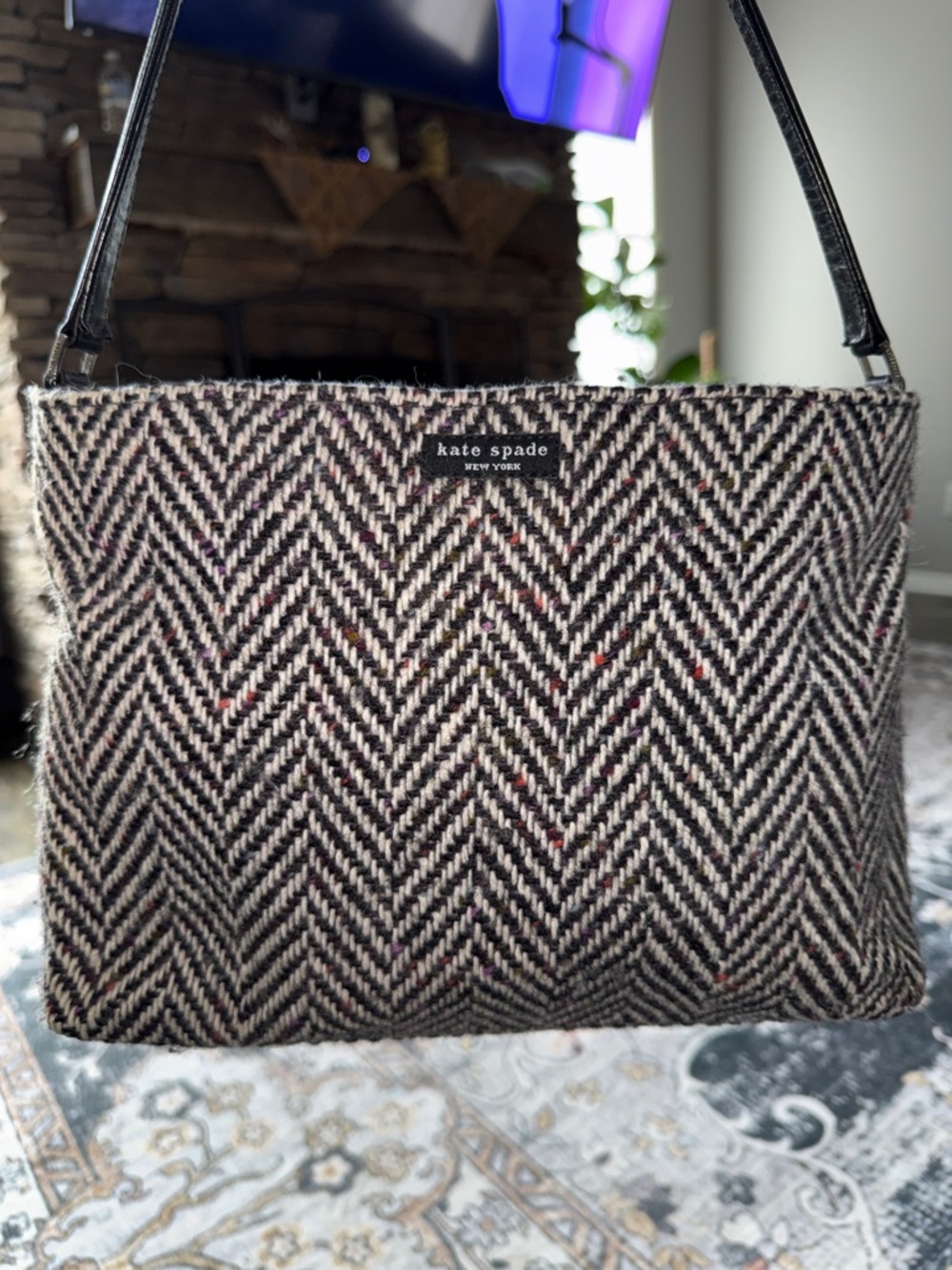 kate spade herringbone wool shoulder bag in black and cream